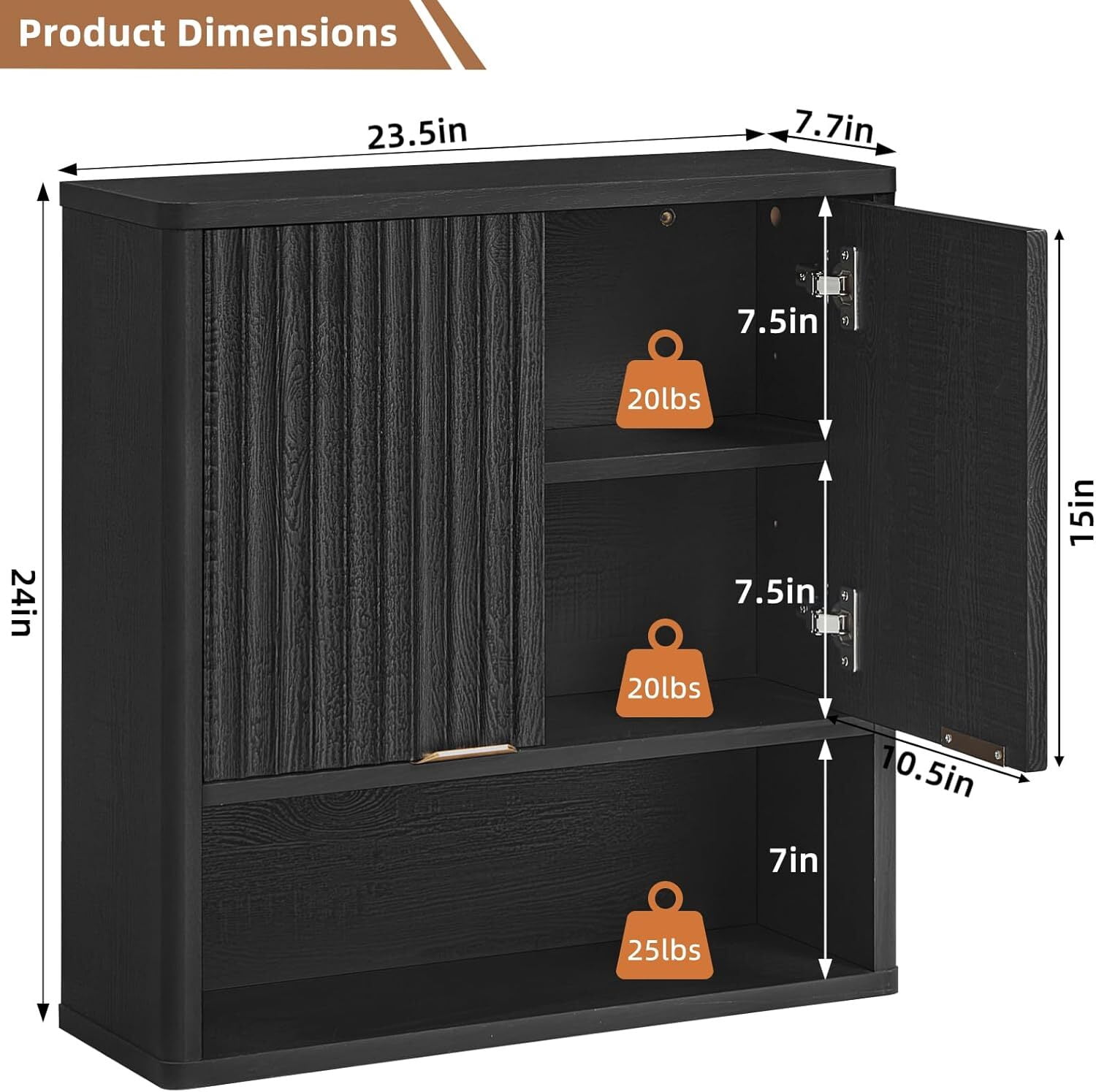 Leyaoyao Fluted Medicine Cabinet Storage Organizer Wall Mount with 2 Doors and Adjustable Shelves, Black