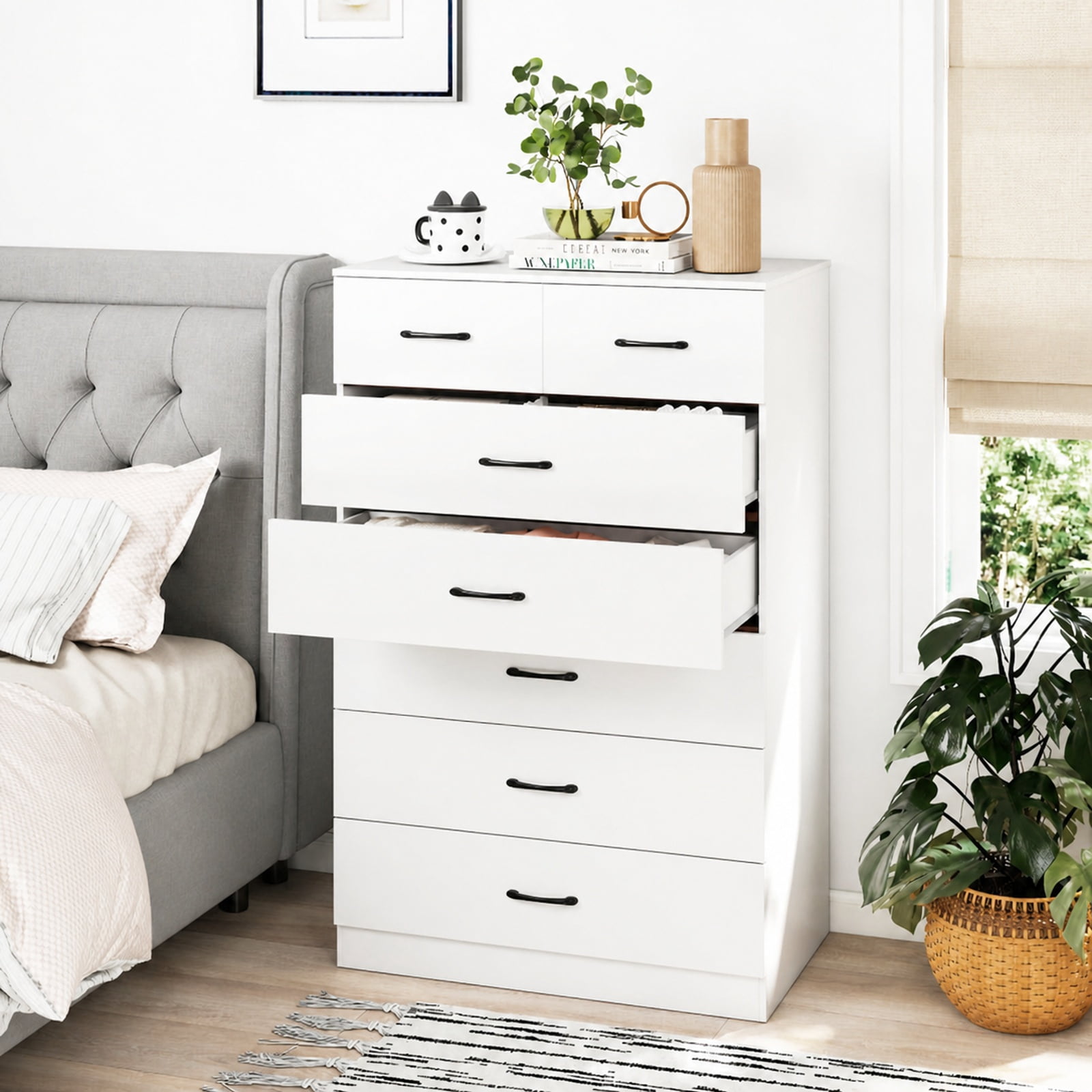 Furnibear 7-Drawer Tall Dresser with Metal Handles and Anti-Tipping Kits for Bedroom Closet Living Room Nursery Clothes Storage, White