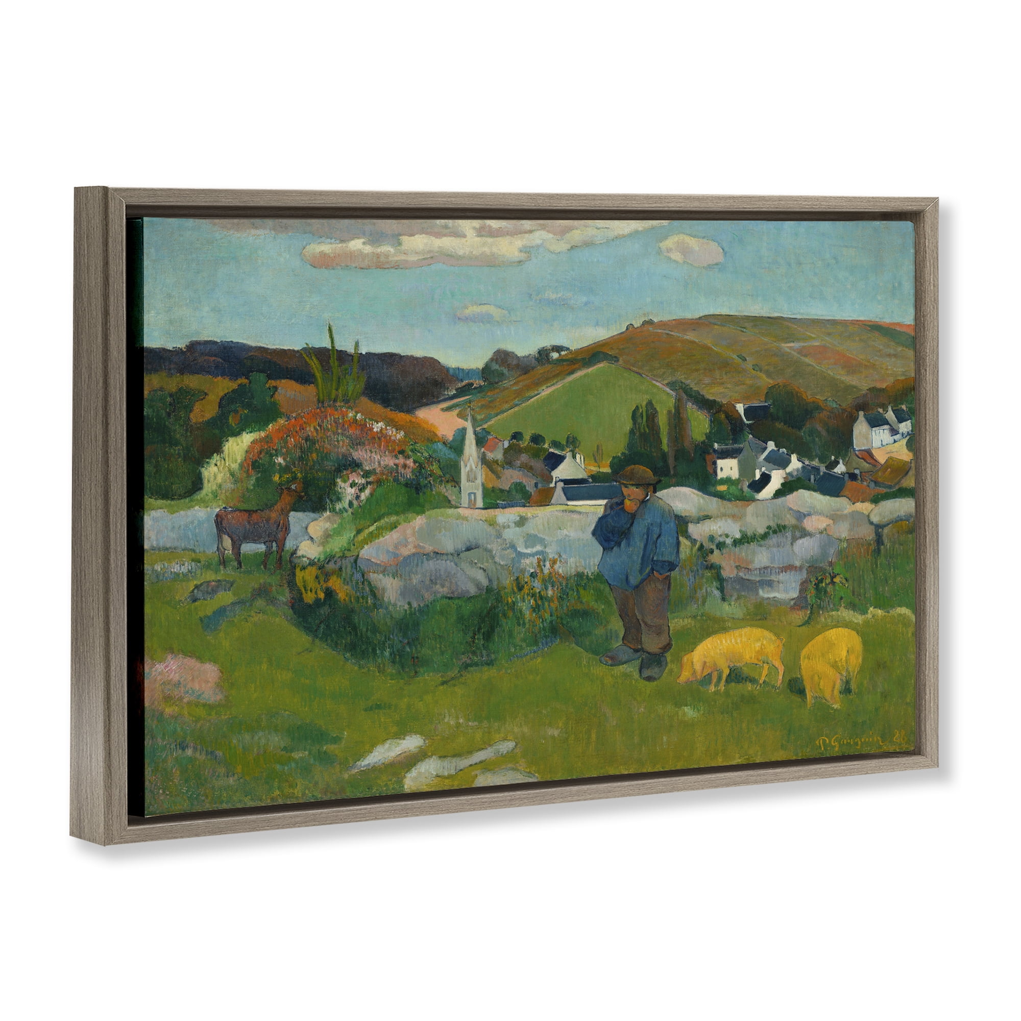 Stupell Industries Classic Gauguin Swineherd Landscape & Nature Painting Brown Floater Framed Canvas Art Print Wall Art, 25 x 17