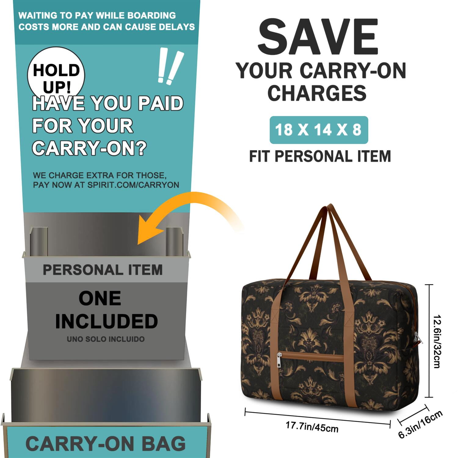 For Spirit Airlines Personal Item Bag 18x14x8 Inch, Floral Weekender Travel Bag, Foldable Travel Duffel Bag Underseat Carry on Bag with Luggage Sleeve for Women and Men 30L