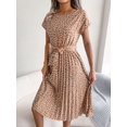 thumbnail image 6 of Women's Ditsy Floral Pleated Belted Midi Dress Round Neck Short Sleeves A Line Hem Casual Chic 60% Polyester Dress, 6 of 13