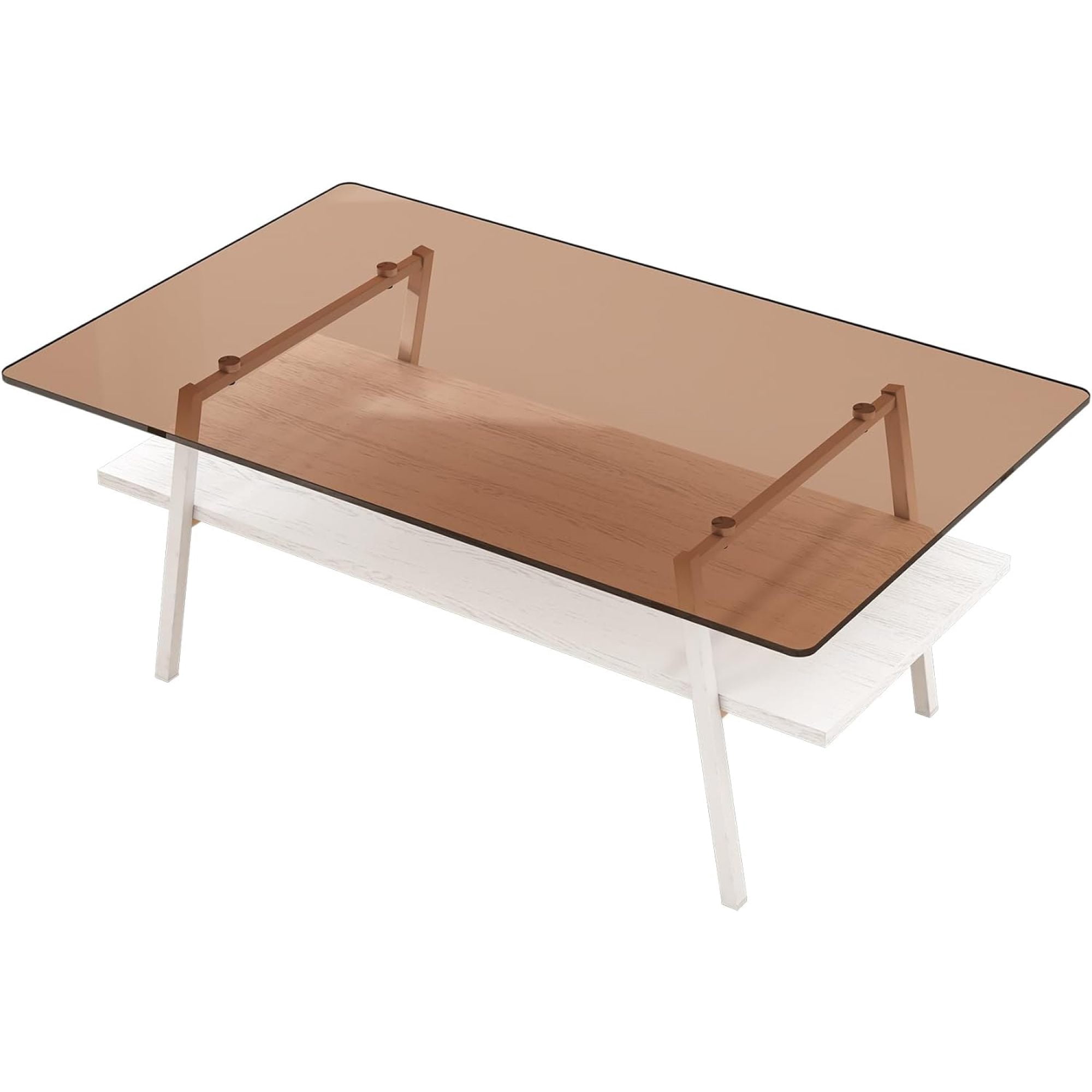 BJSN Glass Coffee Table for Living Room Small Gold Mid Century Coffee Table for Living Room with Wood Shelves (Black Frame, Transparent Glass   Brown Wood),Brown Glass   White Wood