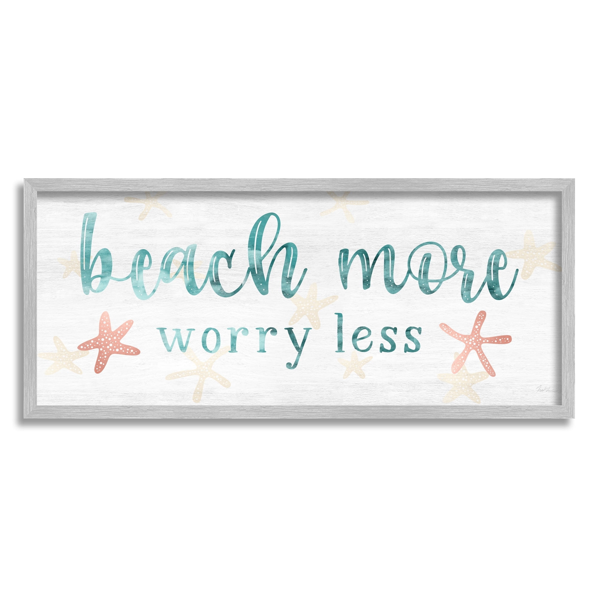 Stupell Industries Beach More Worry Less Nautical Sign Red Starfish Graphic Art Gray Framed Art Print Wall Art, 24x10, by Natalie Carpentieri