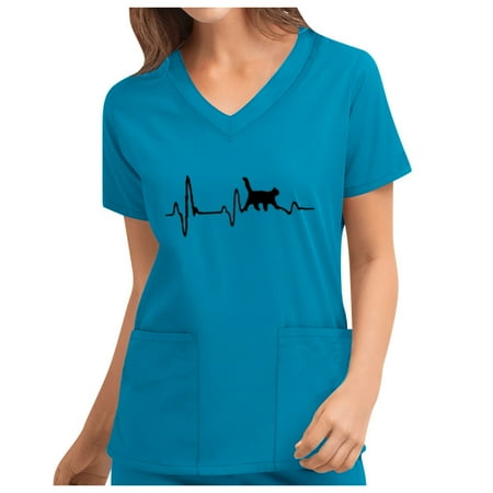 

Women Scrub_Top Working Uniform Blouse Short Sleeve V-Neck Workwear T-Shirt with Pocket Comfy Tops XXXL