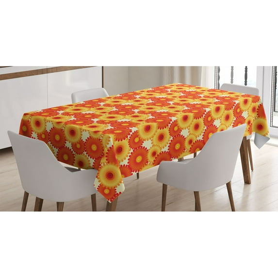 Orange Tablecloth, Gerbera Flowers Petals in Graphic Style Vibrant Summer Nature Design, Rectangle Satin Table Cover Accent for Dining Room and Kitchen, 52" X 70", Orange Yellow Scarlet, by Ambesonne