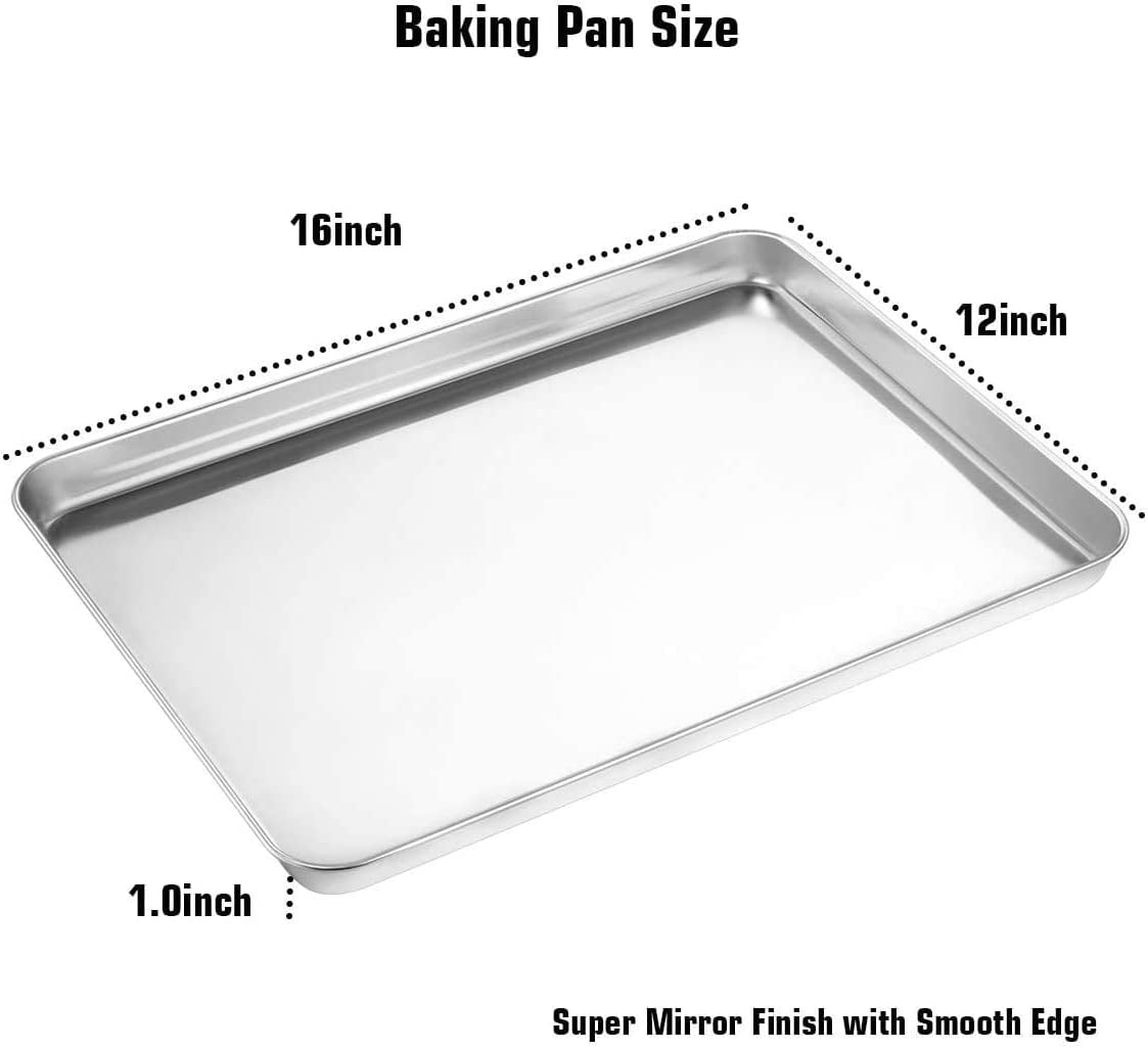Stainless Steel Baking Sheet Set of 2, Yayun Cookie Sheet Bakeware Baking Pan Tray, Non Toxic & Heavy Duty, Rust Free & Mirror Finish, Easy Clean & Dishwasher Safe, 16 x 12 x 1 Inch