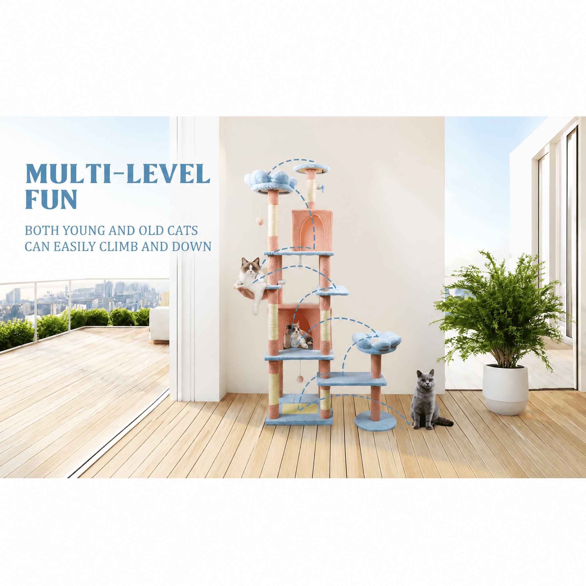 71 Inch Blue Floral Cat Tree, 7-Tier Large Cat Tower with Spacious Condo, Removable Flower Cushion & Hammock, Natural Sisal Scratching Posts for Large & Multi-Cat Homes