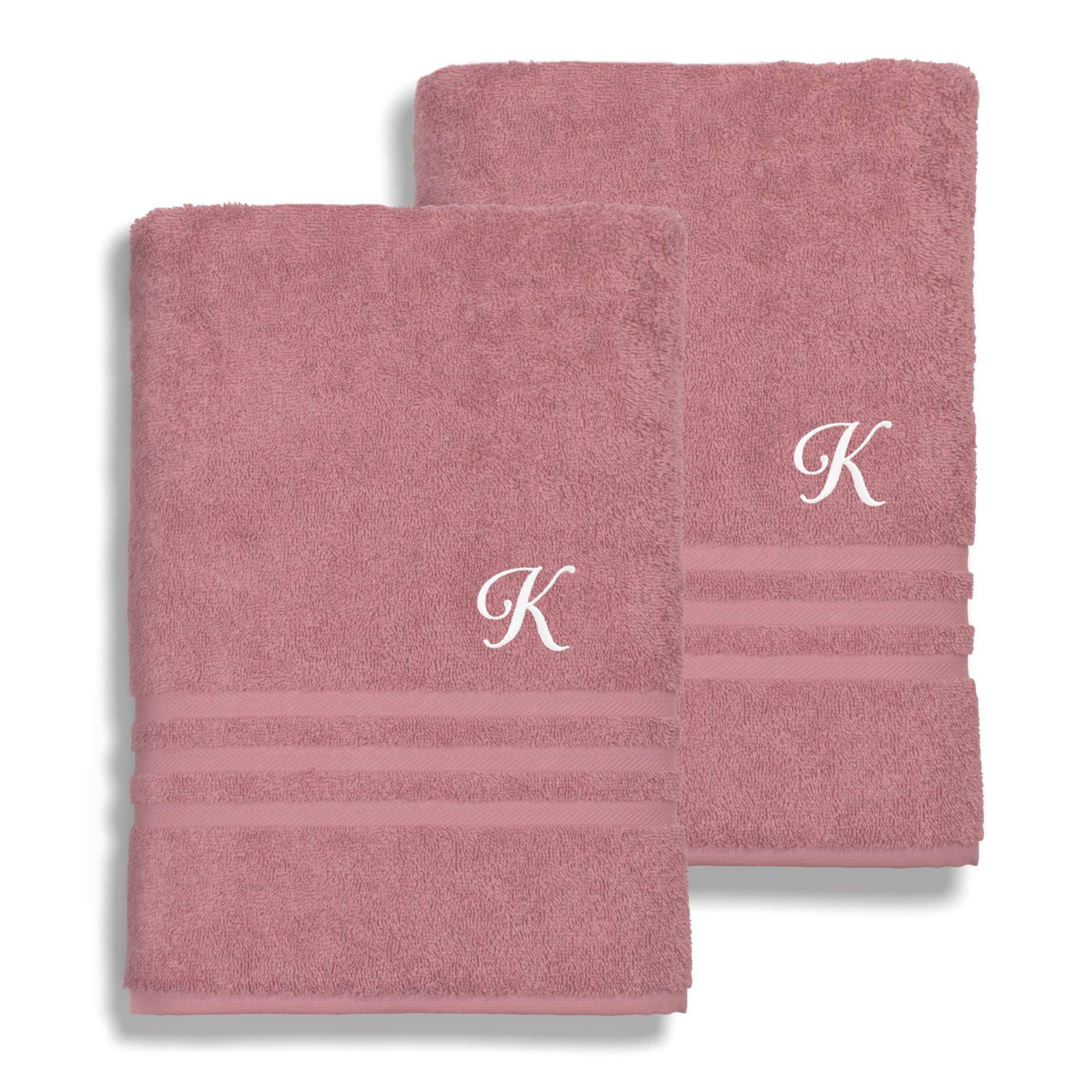 Authentic Hotel and Spa Omni Turkish Cotton Terry Set of 2 Tea Rose Bath Towels with White Script Monogrammed Initial K