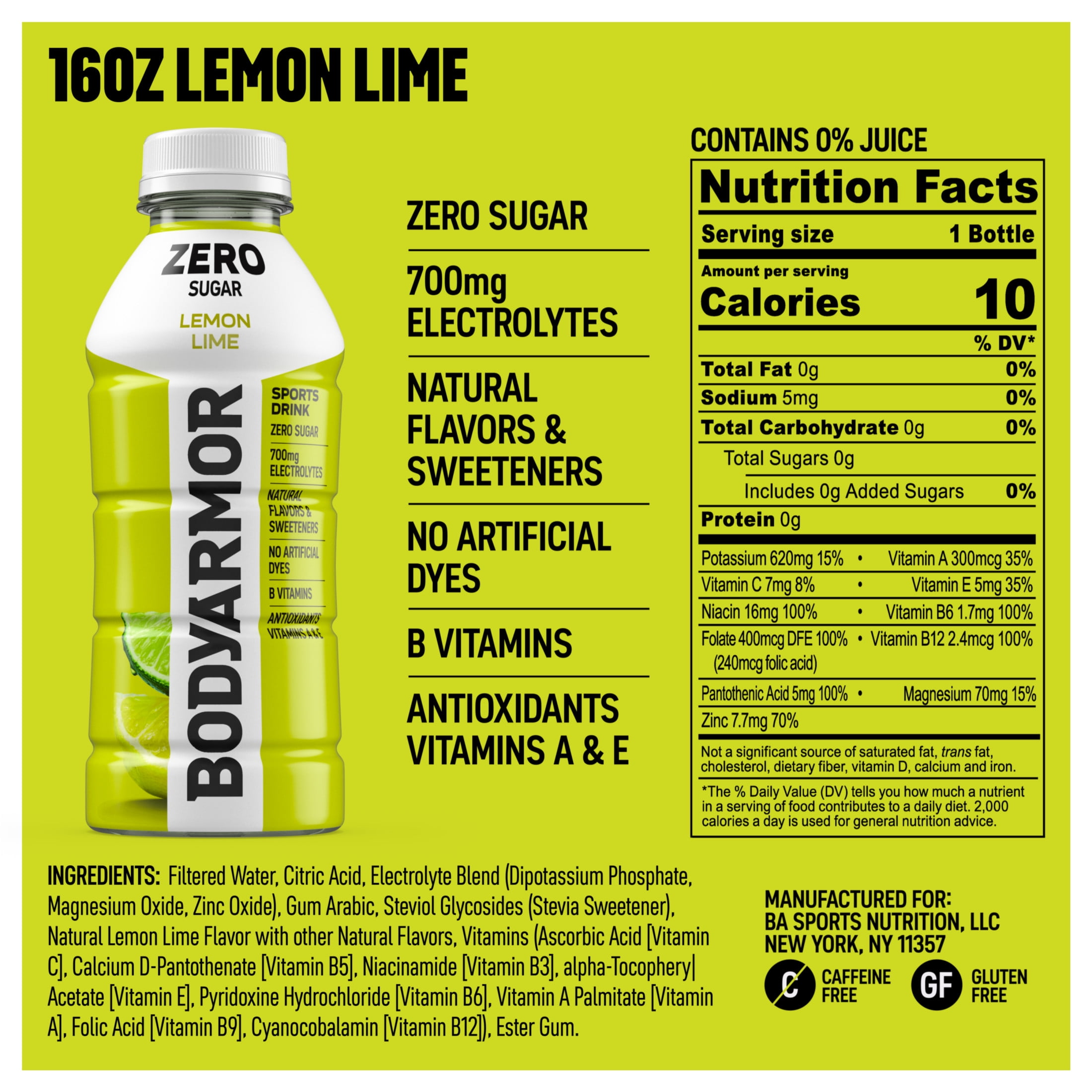 BODYARMOR Zero Sugar Lemon Lime Electrolyte Sports Drink, 16 fl oz, 12 Pack Bottles