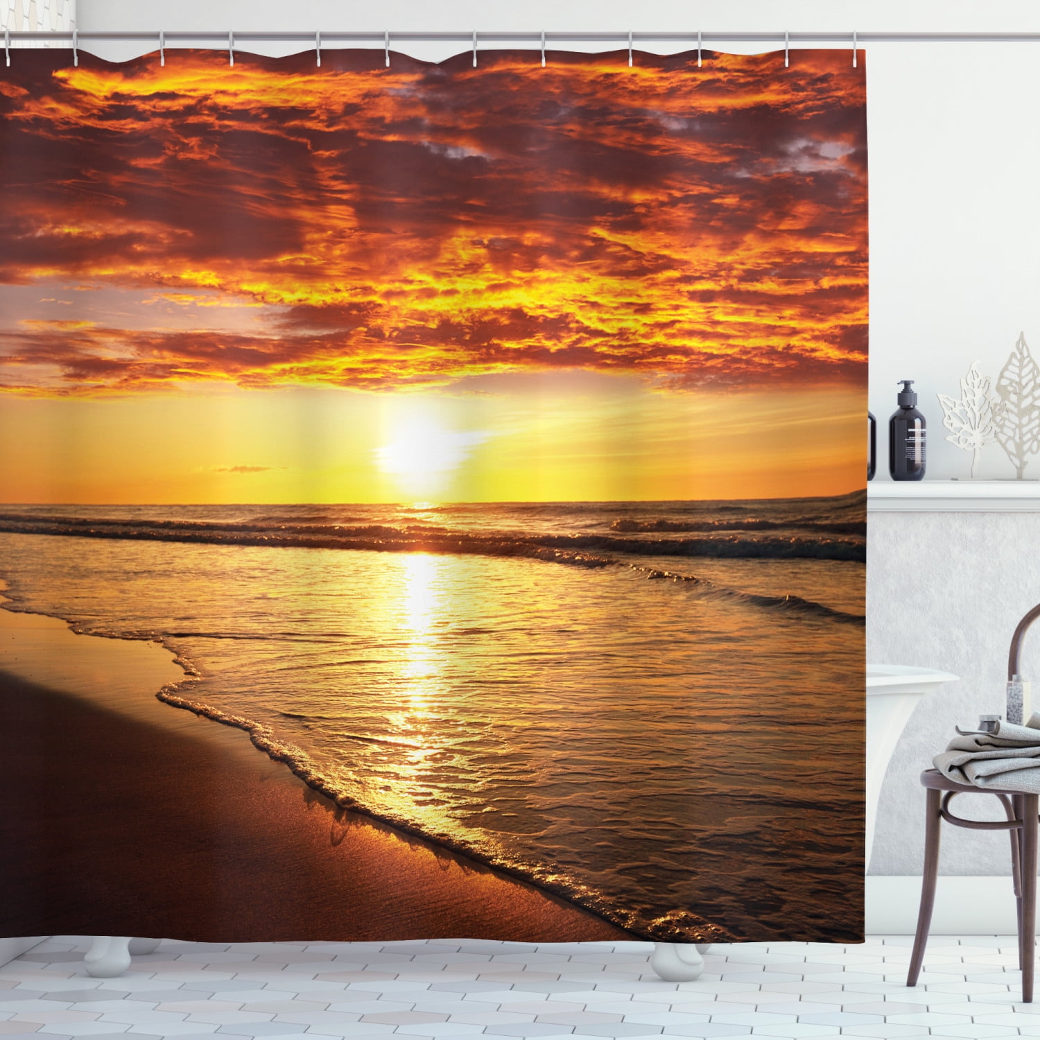 Landscape Shower Curtain Sunset Horizon Lake Print for Bathroom 