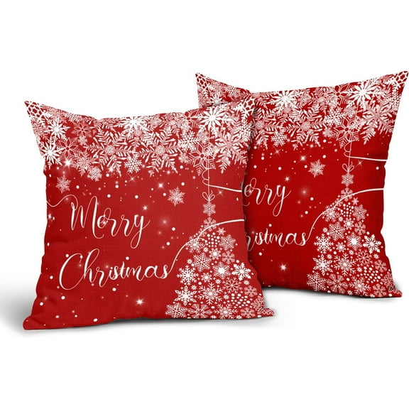 Christmas Throw Pillow Covers 18x18 Inch Set of 2 Red Winter Snowflakes Pillow Covers Merry Christmas Farmhouse Pillowscase Polyester Linen Square Cushion Covers for Sofa Couch Bedroom Home Decoration