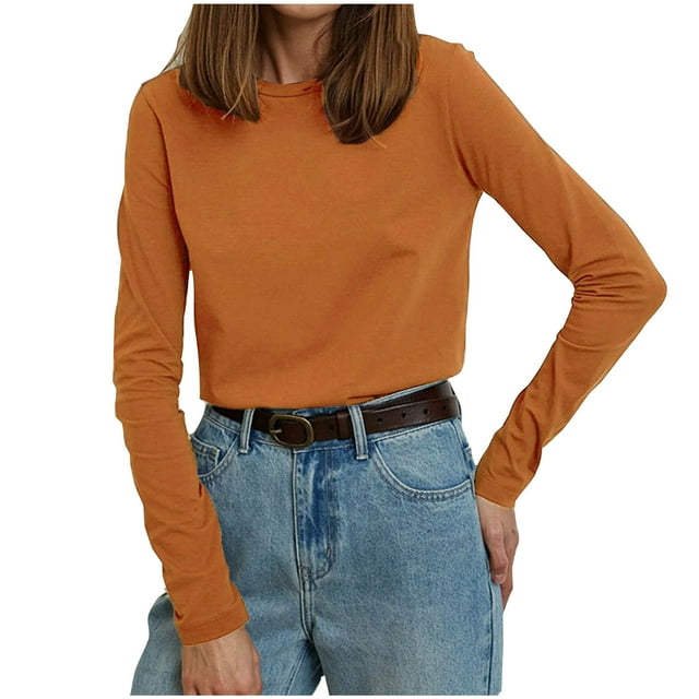 MeetoTime T-Shirt à Manches Longues en Coton pour Femmes Col Rond Basique Couleur Unie Pull Confortable