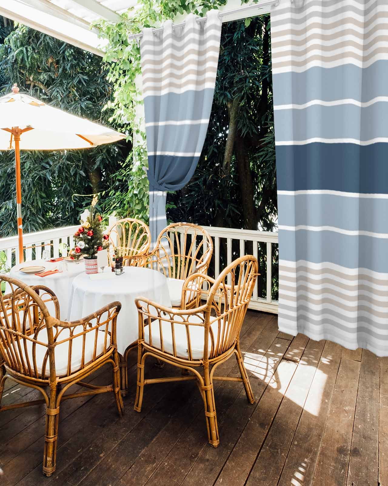 Grey Blue Stripes Outdoor Curtains for Patio, Country Modern Gradient Lines Art Privacy Drapes Grommet Waterproof Outside Curtains for Porch/Cabana/Balcony 54"x 95", 2 Panel