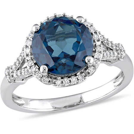 Tangelo 3-1/2 Carat T.G.W. London Blue Topaz and 1/5 Carat T.W. Diamond 14kt White Gold Halo Cocktail Ring
