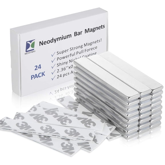 NBZXSYMAG Neodymium Bar Magnets with Double-Sided Adhesive, Rare Earth Magnets,Powerful Neodymium Magnets - 60 x 10 x 3 mm，Pack of 24