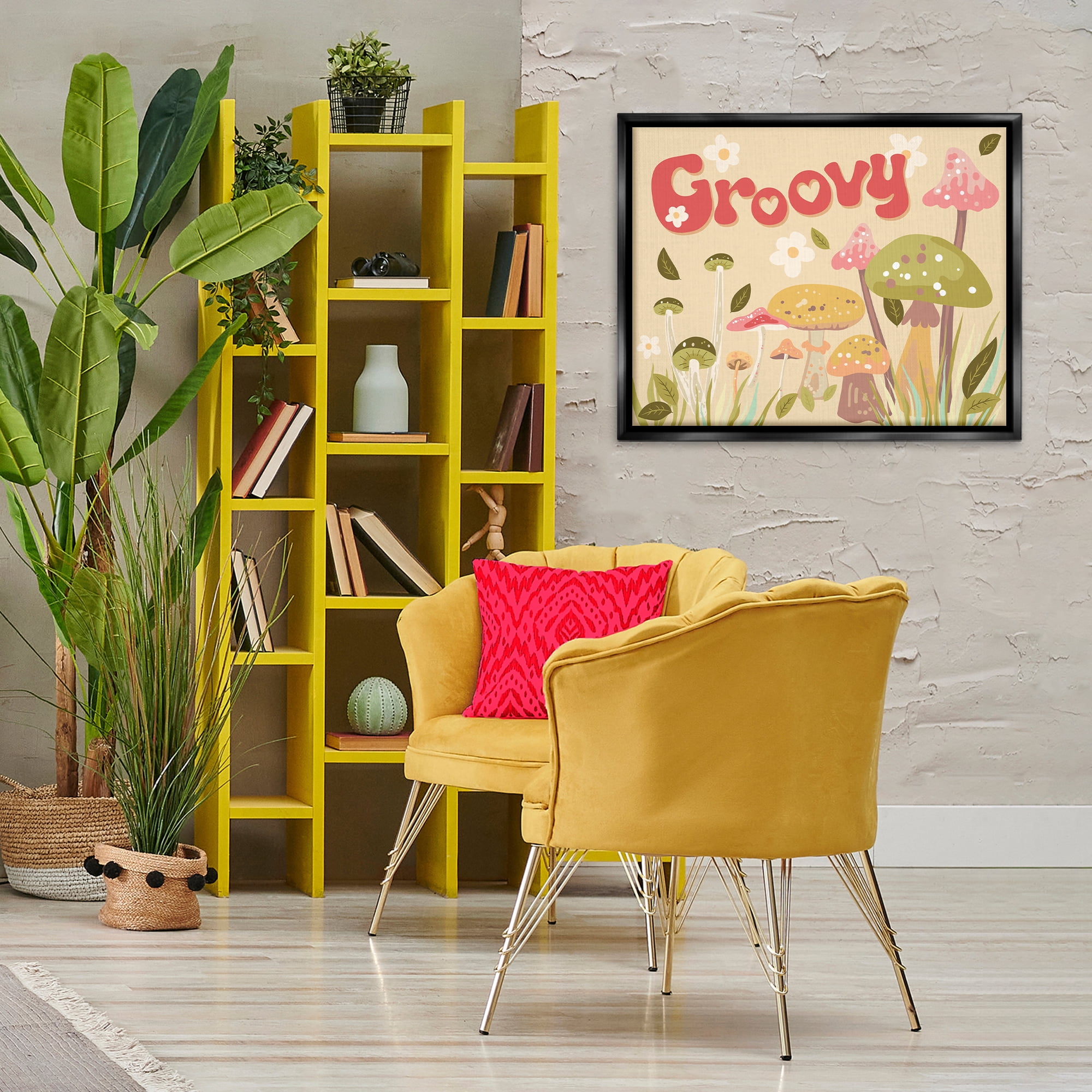 Stupell Industries Groovy Botanical Mushrooms Botanical & Floral Painting Black Floater Framed Art Print Wall Art, 31 x 25