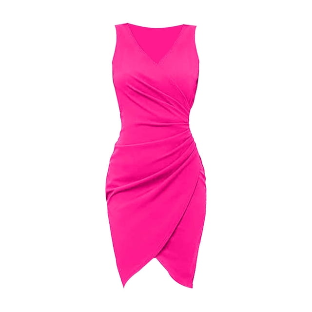Vestido sexy de fiesta sin mangas con cuello en V, plisado y color liso para mujer
