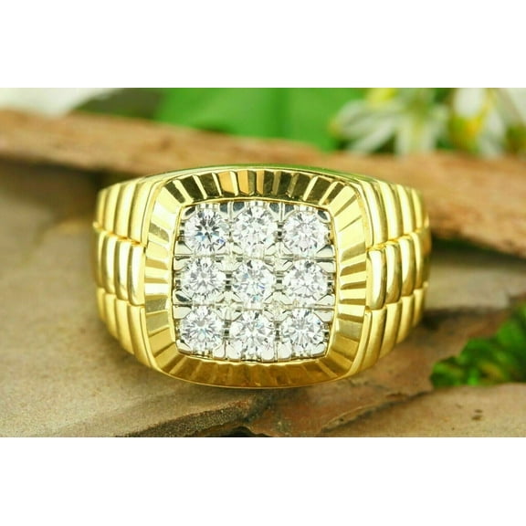 Forever Jewels 1Ct Round Cut Moissanite Men Cluster Pinky Ring 14k Yellow Gold Plated