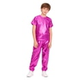 thumbnail image 6 of iiniim Girls Boys Hip Hop Jazz Dance Outfit Metallic Sparkly 2 Piece Short Sleeve T-Shirt and Shiny Pants Set Hot Pink 170, 6 of 7