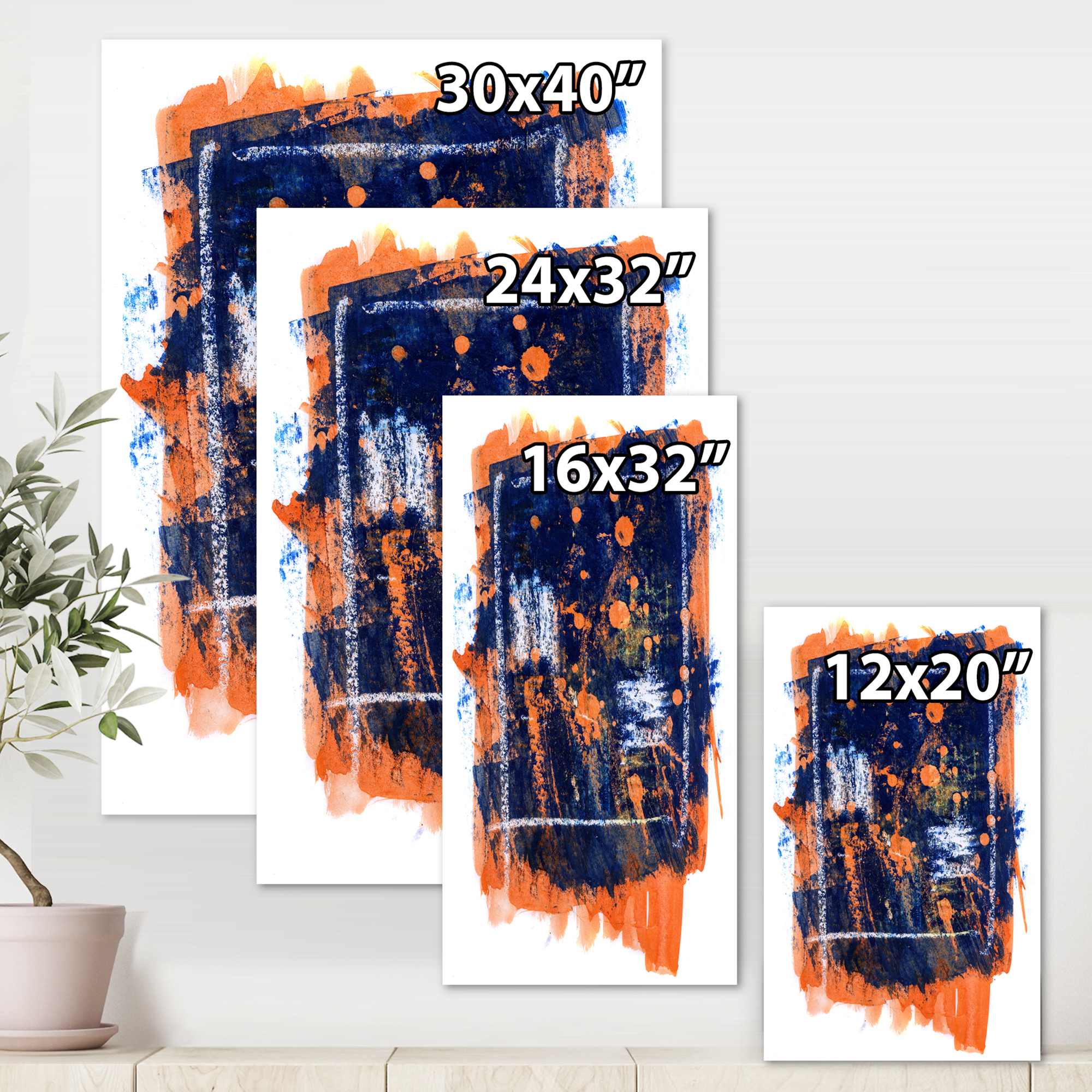 Designart Navy Blue and Orange Abstract Modern Canvas Wall Art Print 