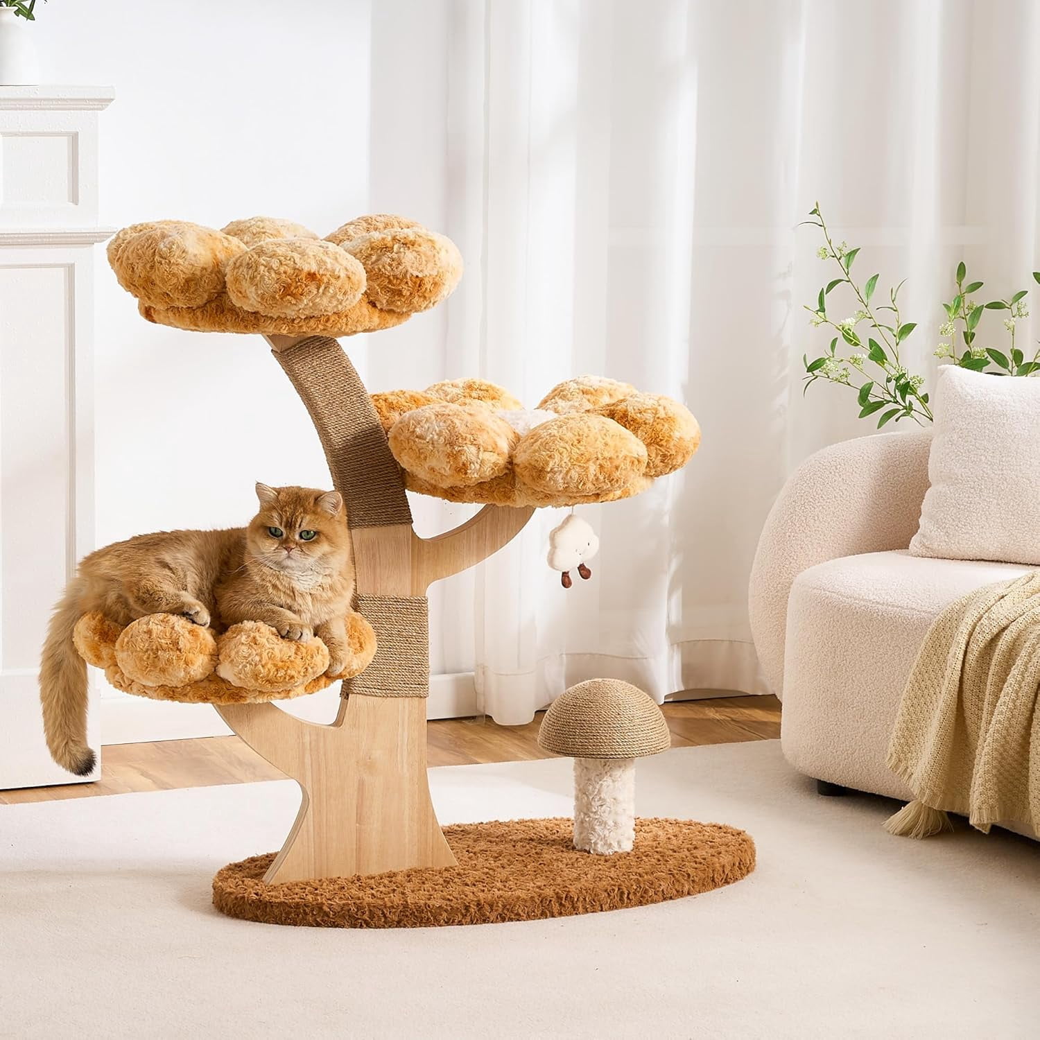 Modern Cat Tree Tower for Indoor Cats Large Adult, 37 inch Flower Cat Tree with Scratching Post, Luxury Aesthetic Cat Tree with Cloud-Soft Flower Perches and Physical Mouse-Sound Hanging Toy