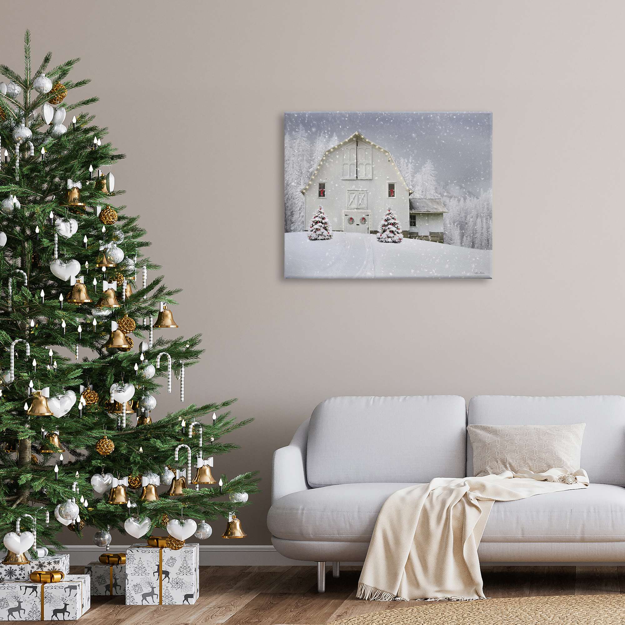 White Winter Snowfield Barn Cozy Christmas Scenery Landscape Painting Gallery-Wrapped Canvas Print Wall Art