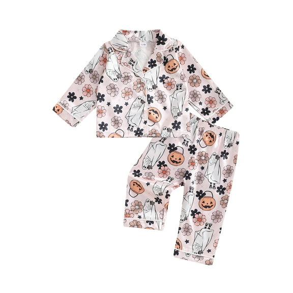 Elippeo Little Girls Halloween Pajamas Set, Pumpkin Print Long Sleeve Button Down Tops Elastic Waist Pants 2 Piece Set for Fall 12 18 24 Months 3 4 5 Years