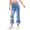 thumbnail image 3 of RUTAYY Girls Pearl Bow Embroidered Jeans Wide Leg Flare Denim Pants With Elastic Waist For Toddler Kids Trouser Relaxed Fit Infants Pants, 3 of 5