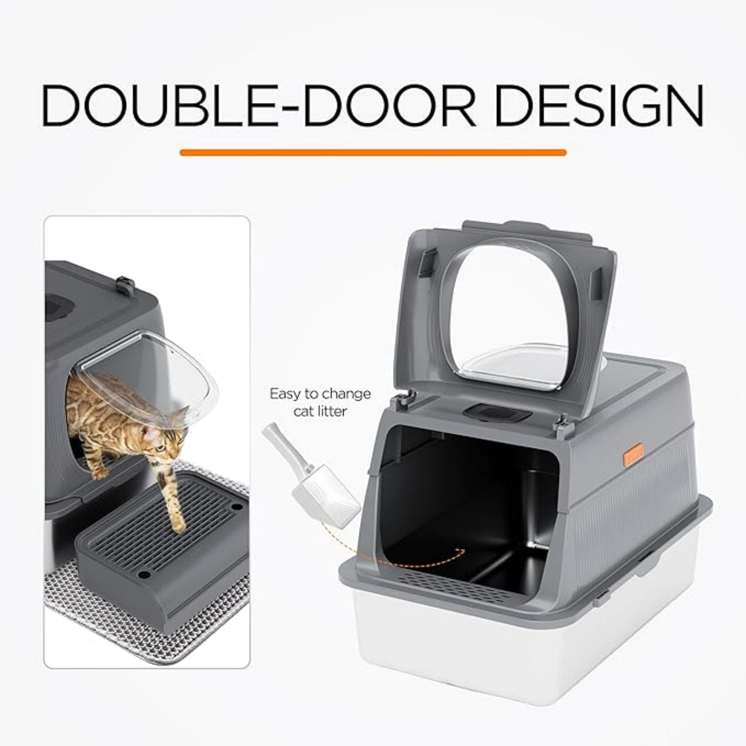 Stainless Steel Cat Litter Box with Lid, XL Extra Large Enclosed Removable Metal Litter Box with Litter Scoop&Double Layer Litter Mat, Non-Sticky, Non-Odor, for Big Cats Dark Grey