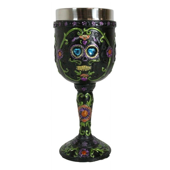 Day of The Dead Ossuary Wedding Black Sugar Skull Wine Goblet 7oz Chalice