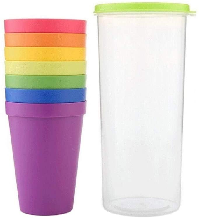 Unbreakable Reusable Plastic Cups, Rainbow Travel Beverage Tumblers, Juice Drinkware, Set of 8