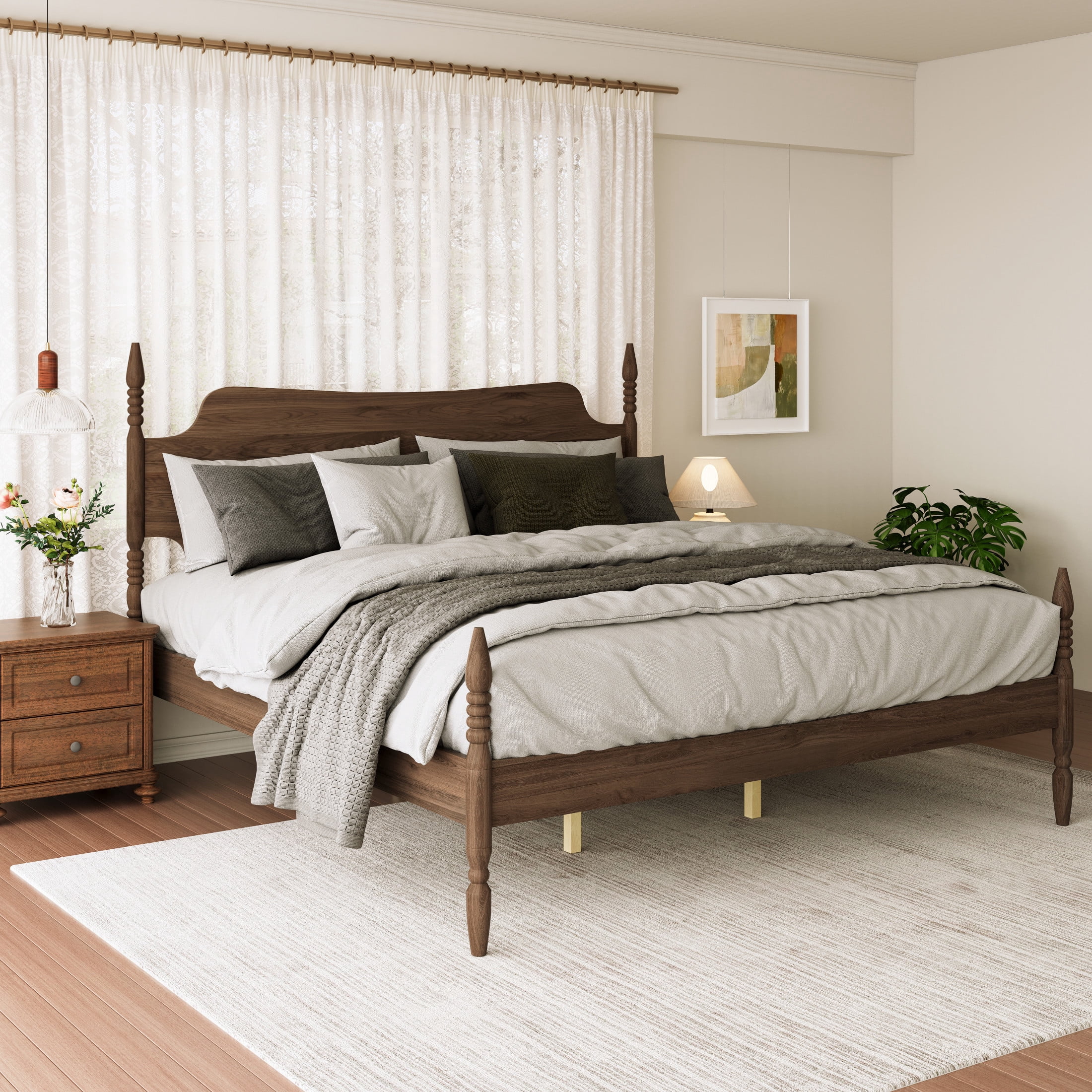 GDF Studio King Size Platform Bed with Tall Curved Headboard and Spindle Design, Walnut