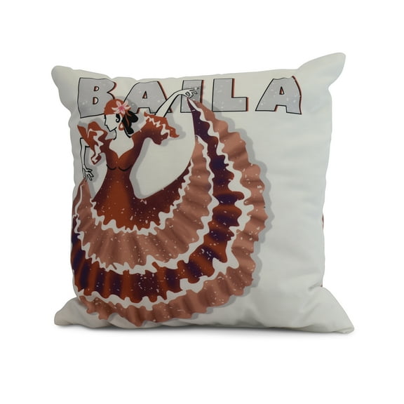 Simply Daisy, 16" x 16" Cuban Dancer Baila, Word Print Outdoor Pillow, Red Orange