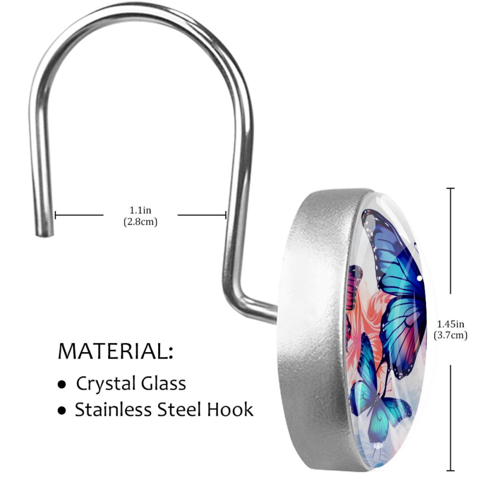 Butterfly Shower Curtain Hooks （Set of 12） for Home Hotel Shower Rods Bathroom Crystal Glass Print Stainless Steel Round Curtain Hooks