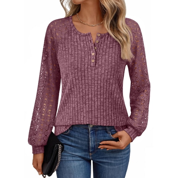 SUNBS Womens Tops Hollow-Out Lace Crewneck Blouses Fashion Casual Long Sleeve Shirts