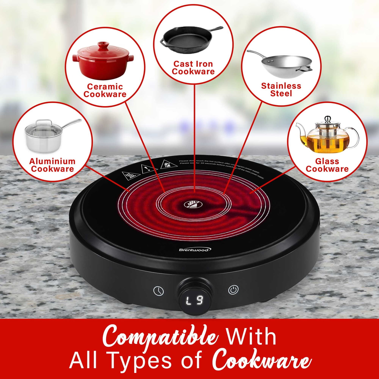 Brentwood Select 1,300-Watt 10-In. Countertop Ceramic Glass Cooktop Surface with Single 8-In. Infrared Burner, Black