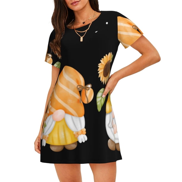 Balery Hello Spring Sunflower Gnomes Camisón de manga corta con cuello redondo para mujer, cómodo y elegante.