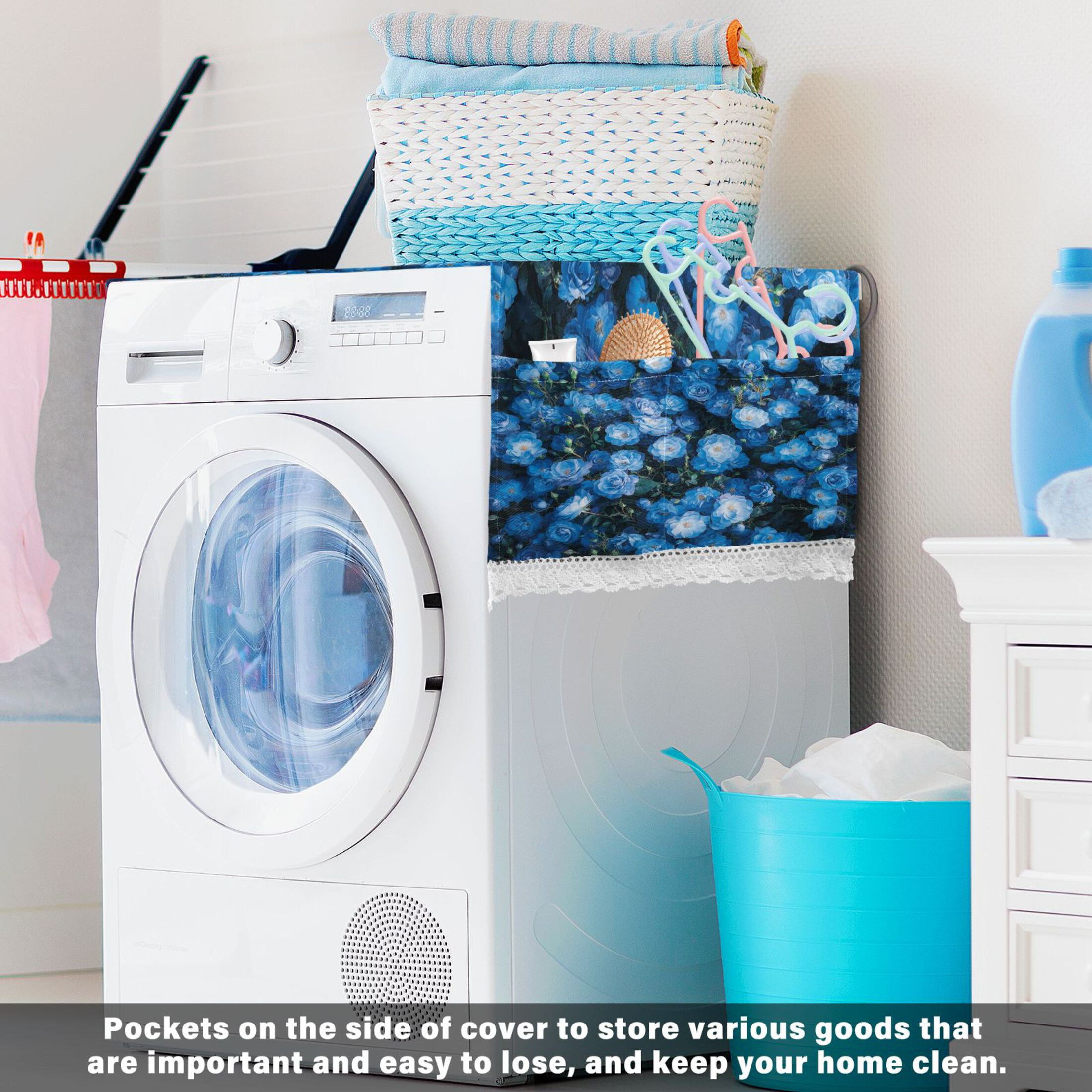 Blue RoseWasher and Dryer Covers Dust-Proof and Oil Resistant Fridge Cover with 4 Storage Pockets Washing Machine Top Cover for Laundry Kitchen Home 51.2 x 22 In