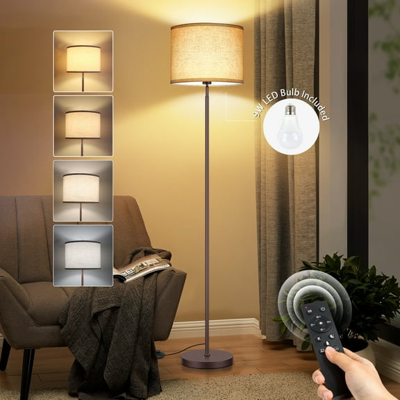 OUTON Modern Floor Lamps for Living Room, 63" Standing Lamp with Linen Shade, Tall Pole Lamps for Bedroom, Office,Brown,Bulb Included