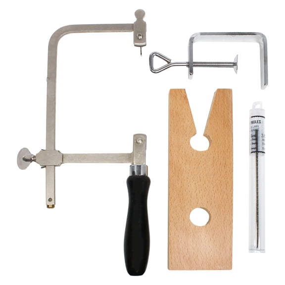 The Beadsmith Jeweler's Starter Set - Includes one Adjustable Jeweler's Saw Frame, Twelve Replacement Blades, and a Wooden Bench Block with a C-Clamp
