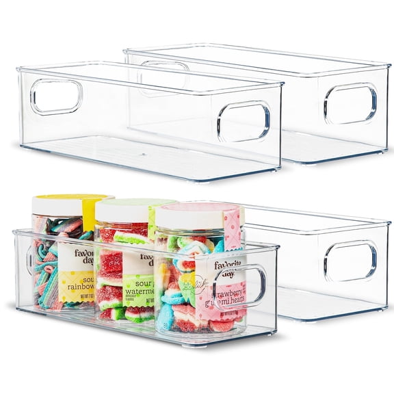 primebox Plastic Food Storage 4 Pack Clear Container Bin with Handles for Organizing Kitchen, Pantry, Fridge, Freezer, Pantry,Bathroom. 10"x4"3"