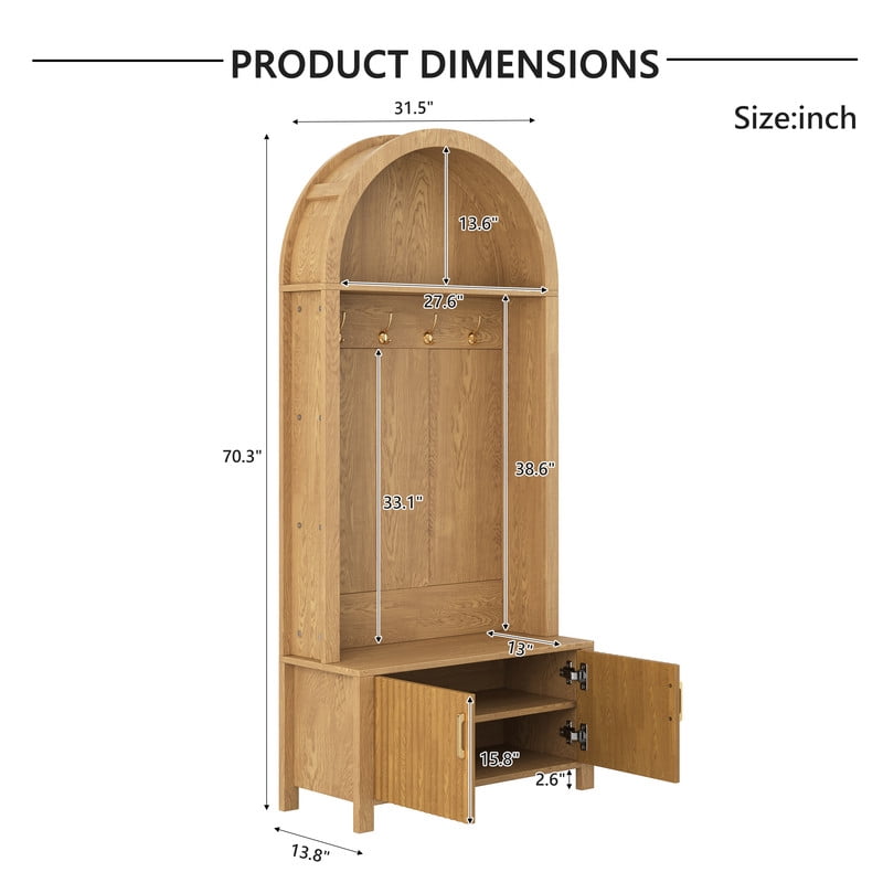 Farmhouse Style Arched Top Hall Tree, Shoe Bench with Storage Cabinet, Coat Rack Organizer with 4 Hooks and 2 Fluted Doors