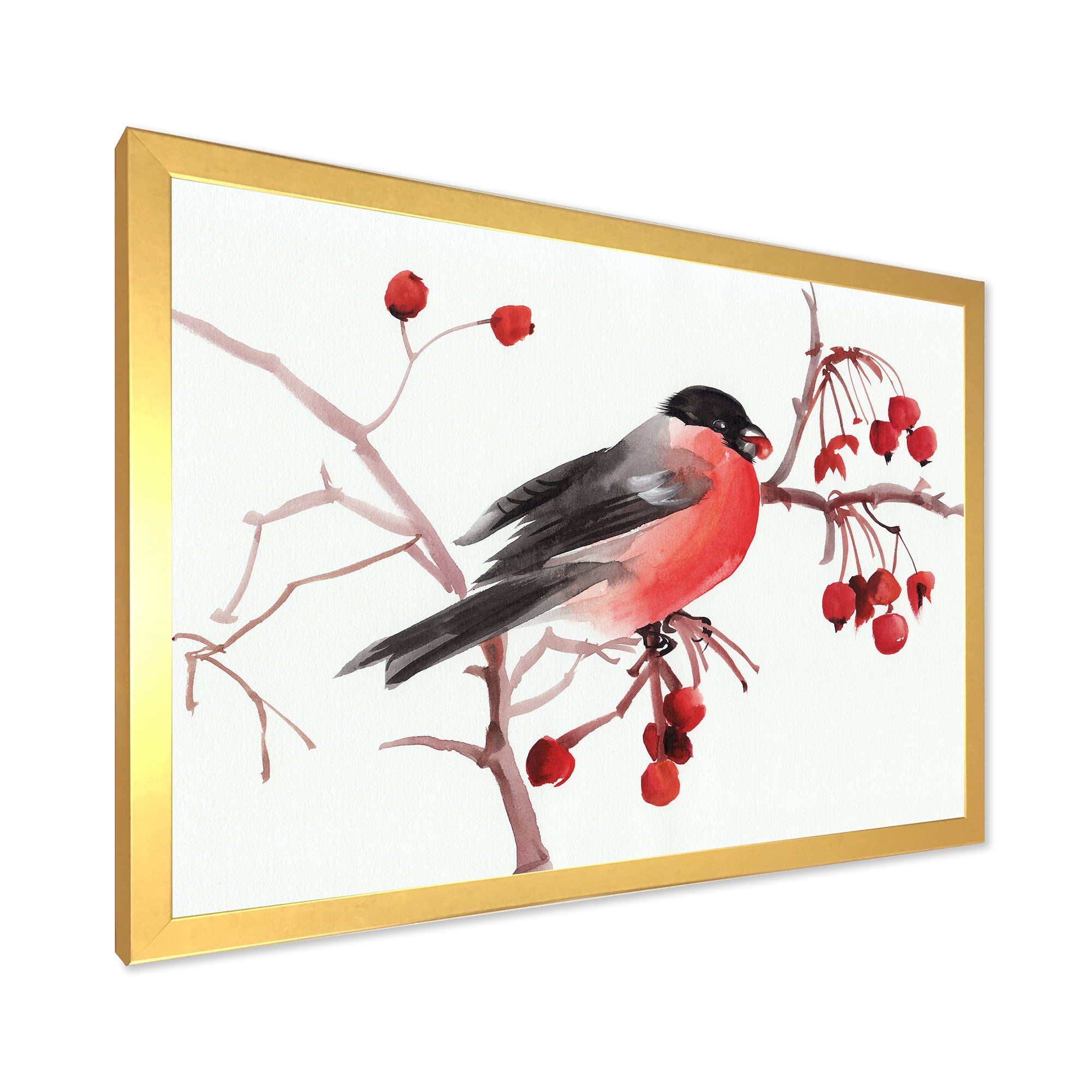 Designart 'Bullfinch Bird Sitting On A Branch' Traditional Framed Art Print