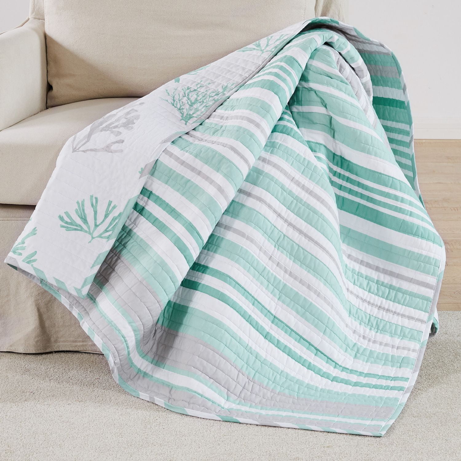 Levtex Home - Truro - Throw - Stripe in Shades of Teal - Quilt (50x60in.) and Sham 50x60in. - Cotton/Cotton