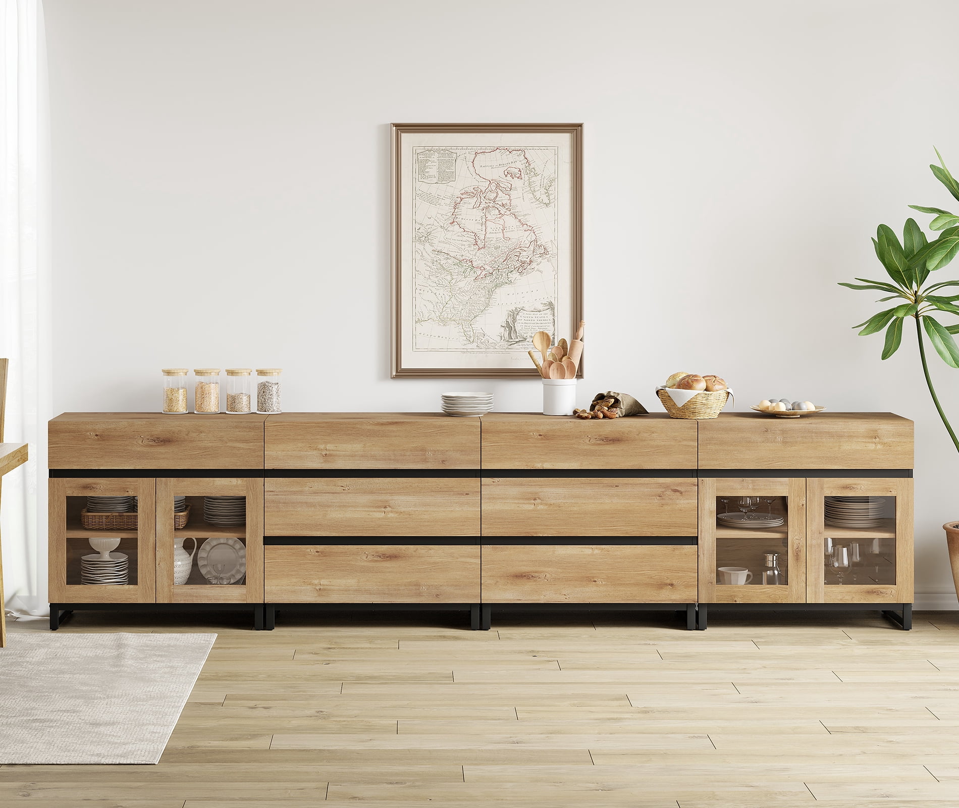4-In-1 Storage Sideboard with Glass Doors, 8 Drawers and Adjustable Shelf, Sturdy Metal Base Buffet Cabinet for Kitchen Living Room,Oak