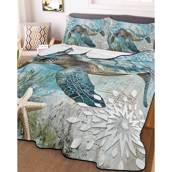 Sea Turtle Coastal Twin XL Size Down Alternative Comforter, Lightweight Comforter Quilt Bedding Set with Pillow Shams Summer Beach Teal Coral Starfish All Seasons Bed Comforter Duvet Insert 68"x98"
