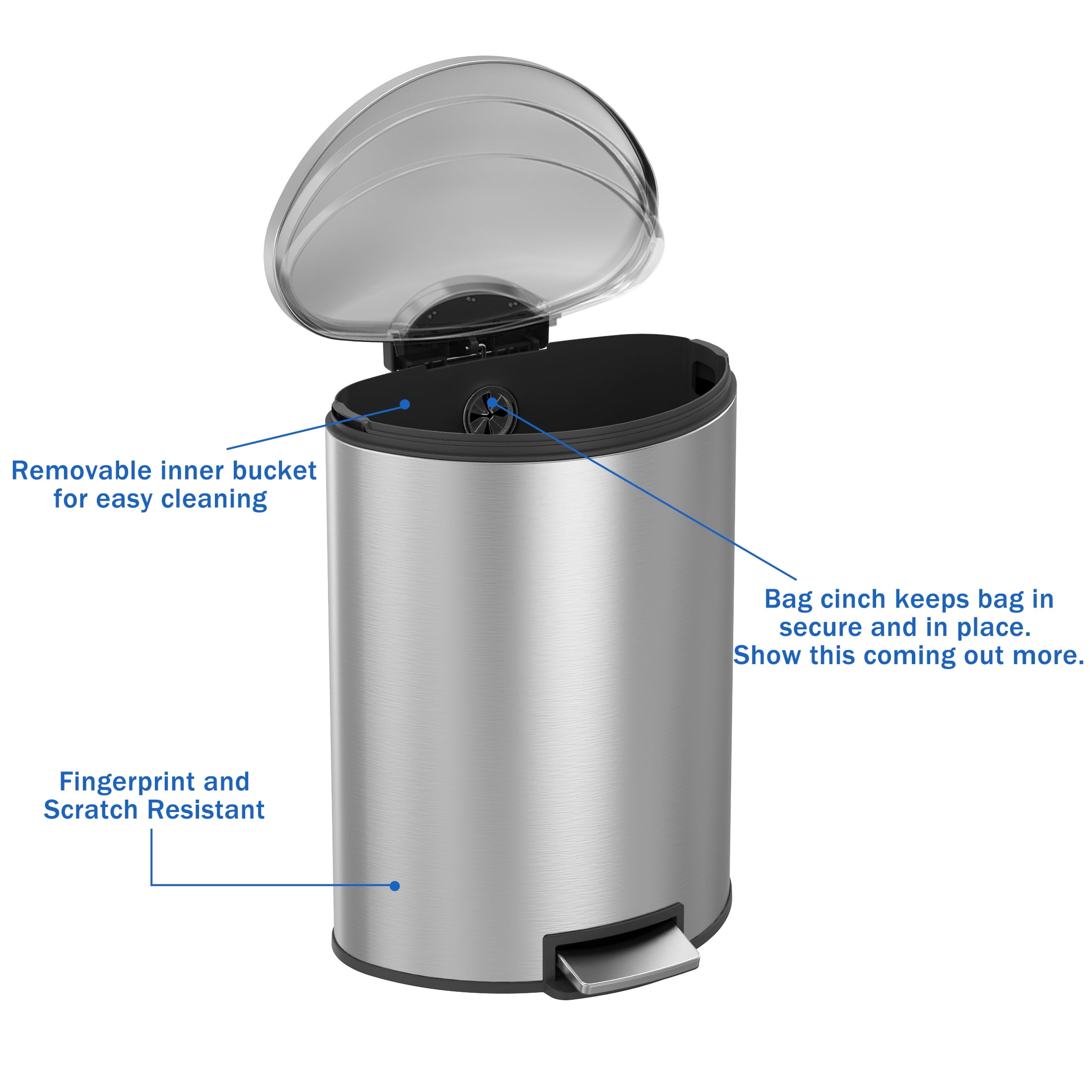 Better Homes & Gardens Kitchen Trash Can, 14.5 Gallon Stainless Steel Semi Round Step Garbage Bin with Soft Close Lid, Silver