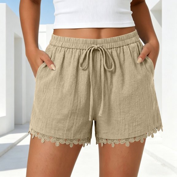 Xdegoge Women's Casual Summer Shorts Elastic High Waisted Drawstring Flowy Lounge Pants with Pockets Cute Lace Crochet Trim Lightweight Beach Vacation Everyday Wear