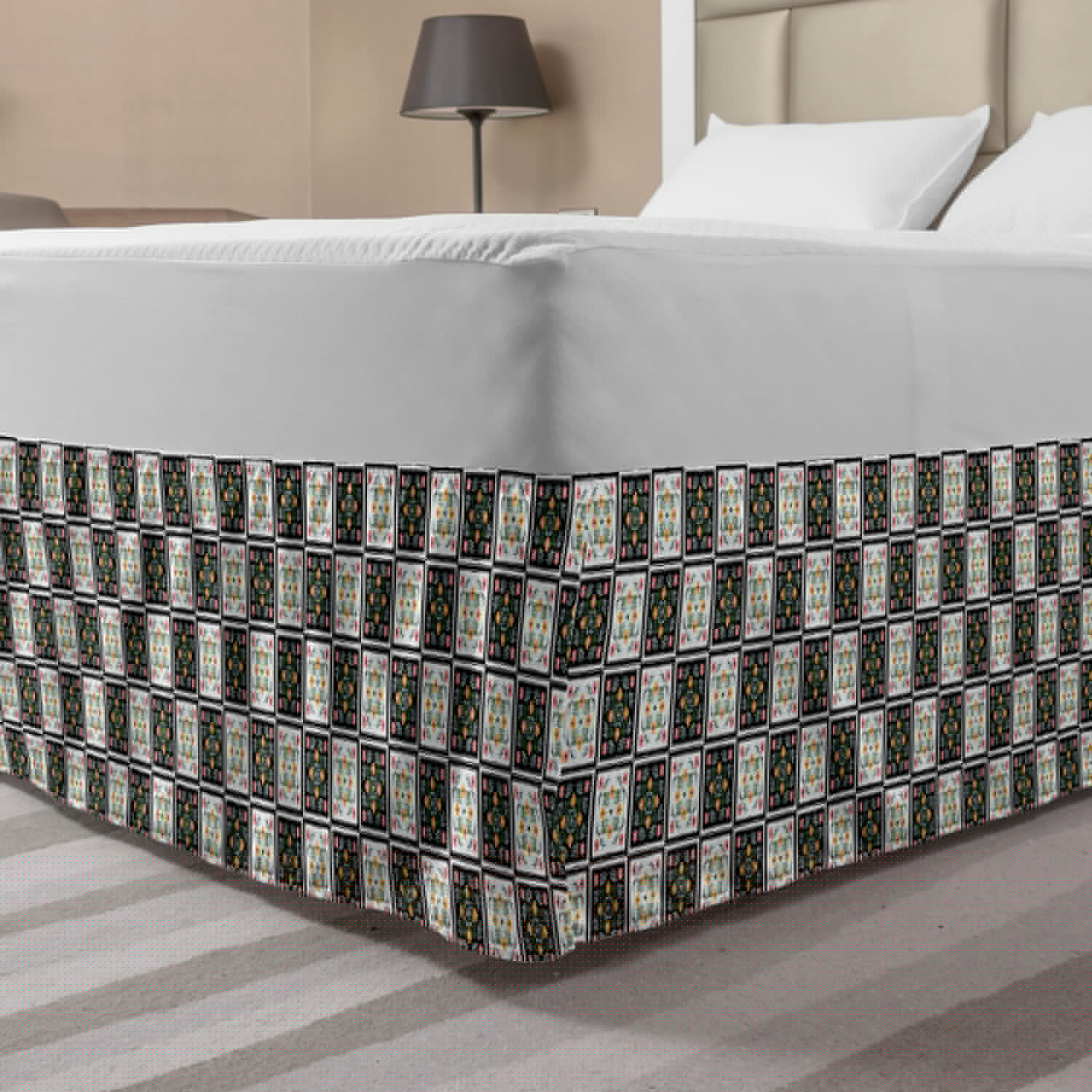 Folk Bed Skirt, Azulejo Pattern Squares with Botany and Flower Damask Talavera Print, Elastic Bedskirt Dust Ruffle Wrap Around for Bedding Decor, 4 Sizes, Multicolor, by Ambesonne