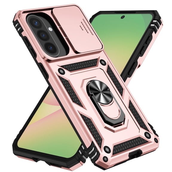 ShellTech Case for Samsung Galaxy A57 5G,Shockproof TPU PC Ring Holder Kickstand Case Slide Lens Protection Cover,Rosegold